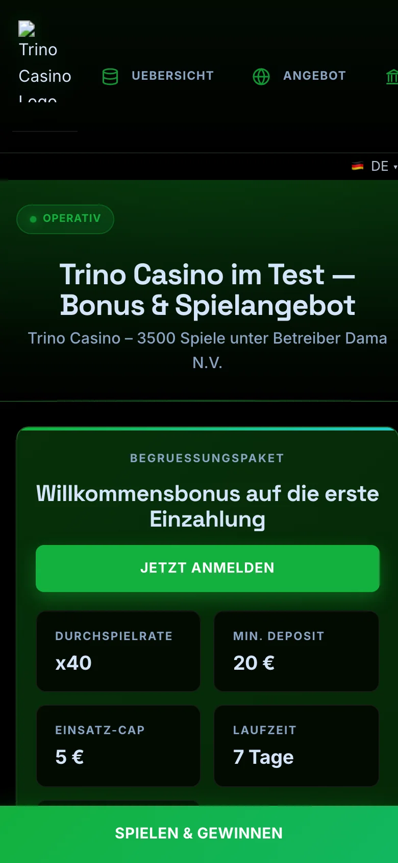 Trino Casino mobile lobby screenshot