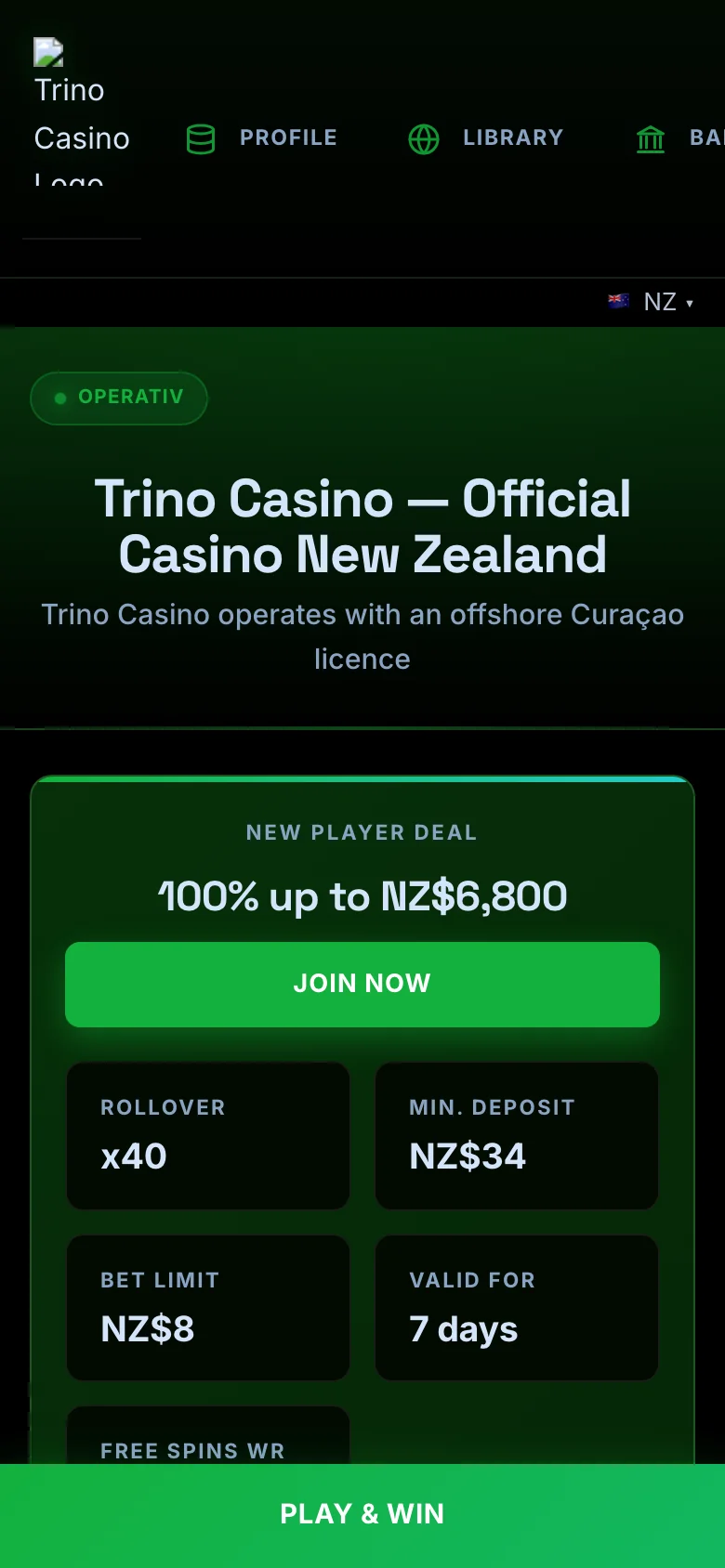 Trino Casino mobile lobby screenshot